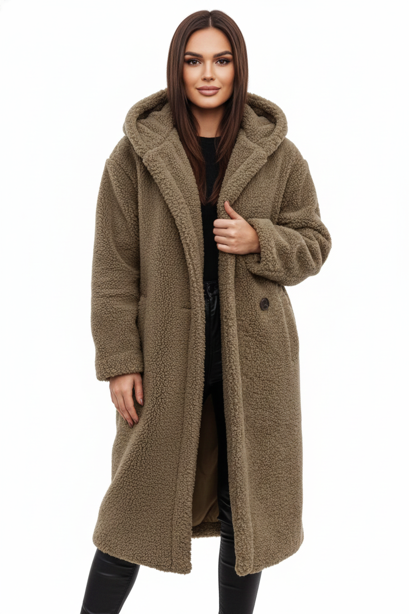 Teddy Coat Womens Hooded Longline Oversized Borg Fleece Single Button Winter
