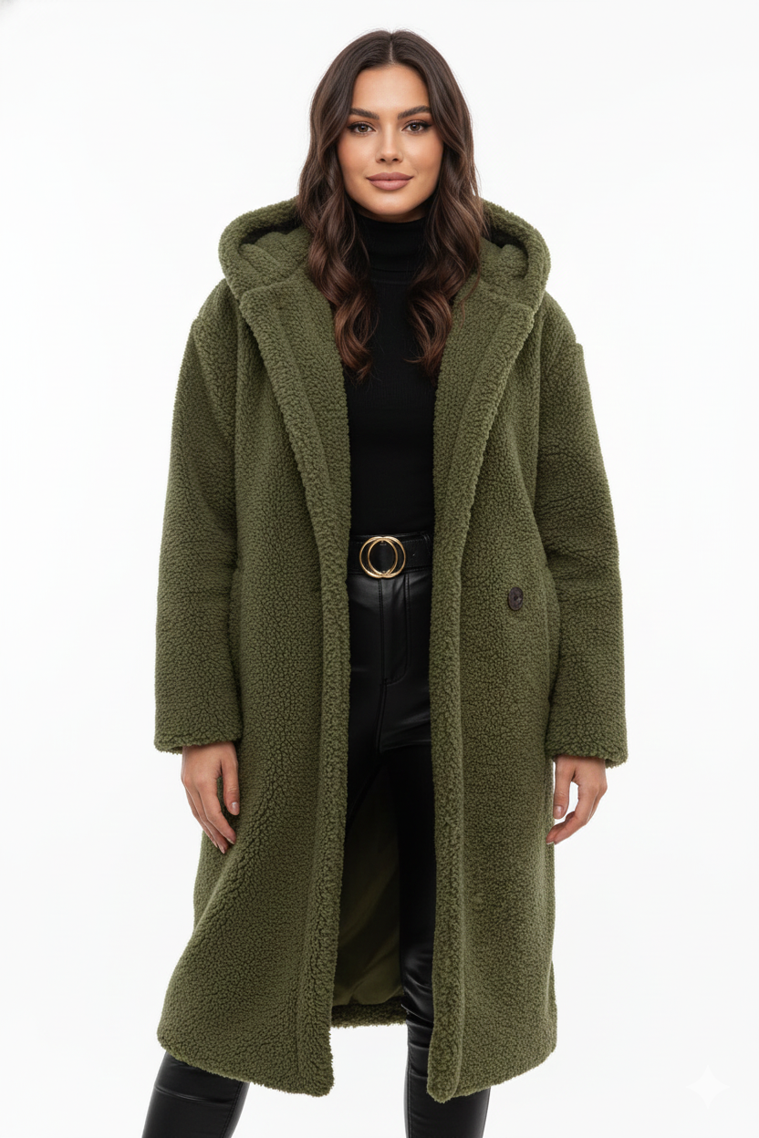 Teddy Coat Womens Hooded Longline Oversized Borg Fleece Single Button Winter