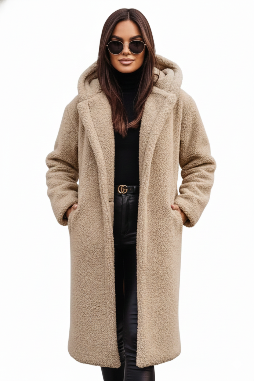 Teddy Coat Womens Hooded Longline Oversized Borg Fleece Single Button Winter