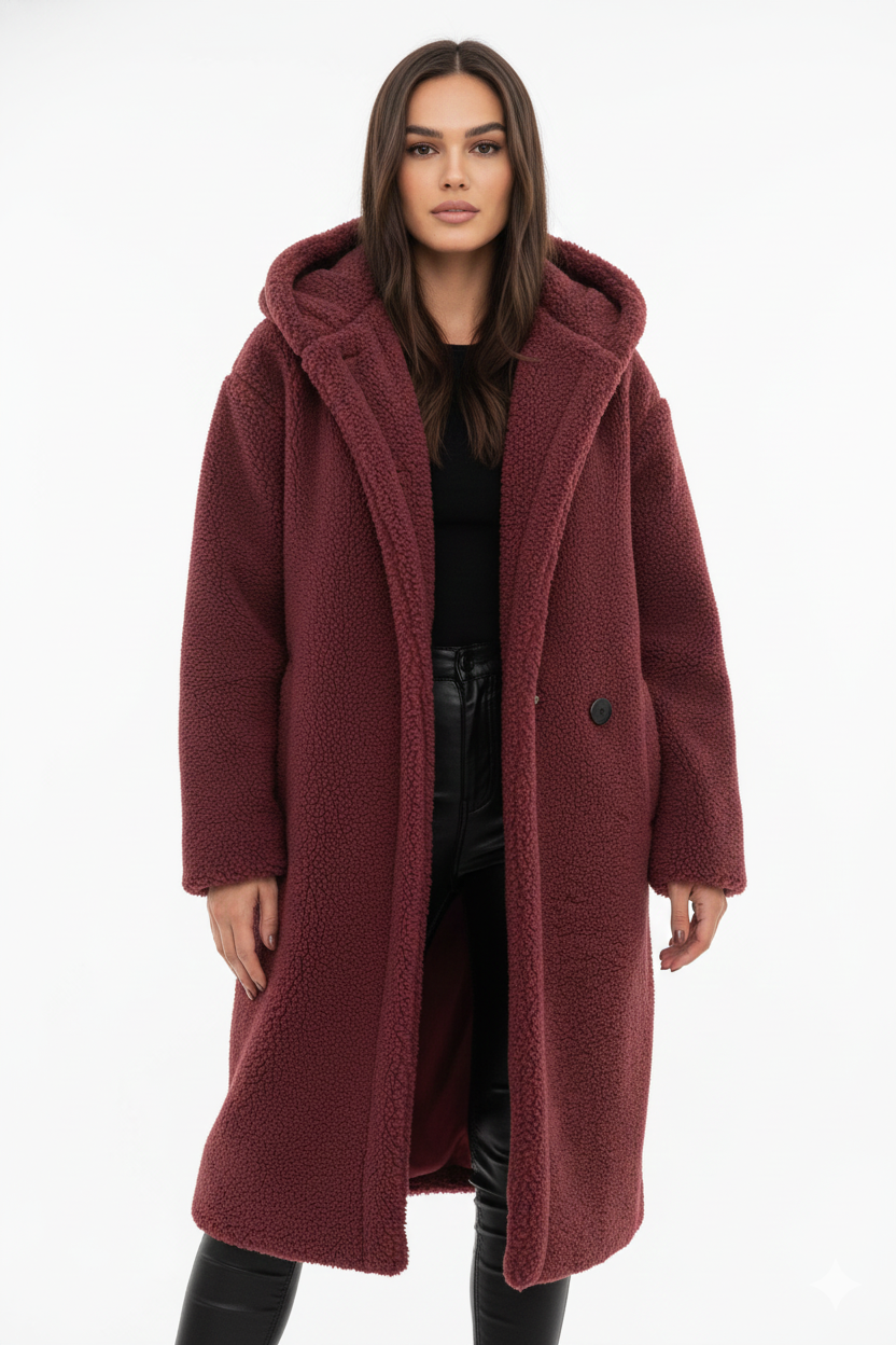 Teddy Coat Womens Hooded Longline Oversized Borg Fleece Single Button Winter