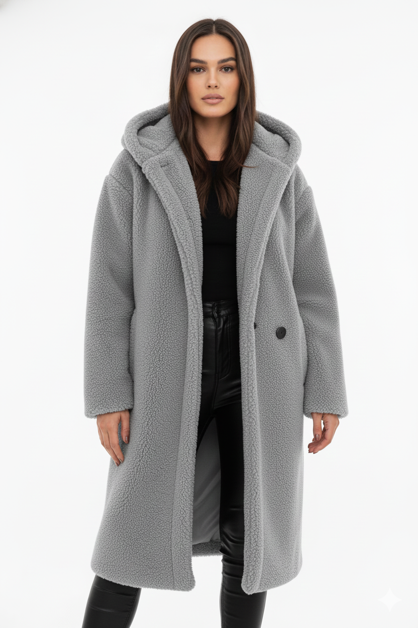 Teddy Coat Womens Hooded Longline Oversized Borg Fleece Single Button Winter