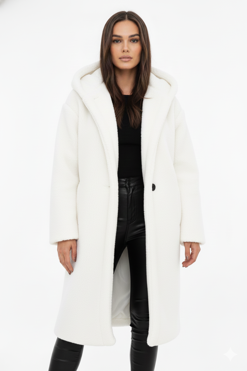 Teddy Coat Womens Hooded Longline Oversized Borg Fleece Single Button Winter