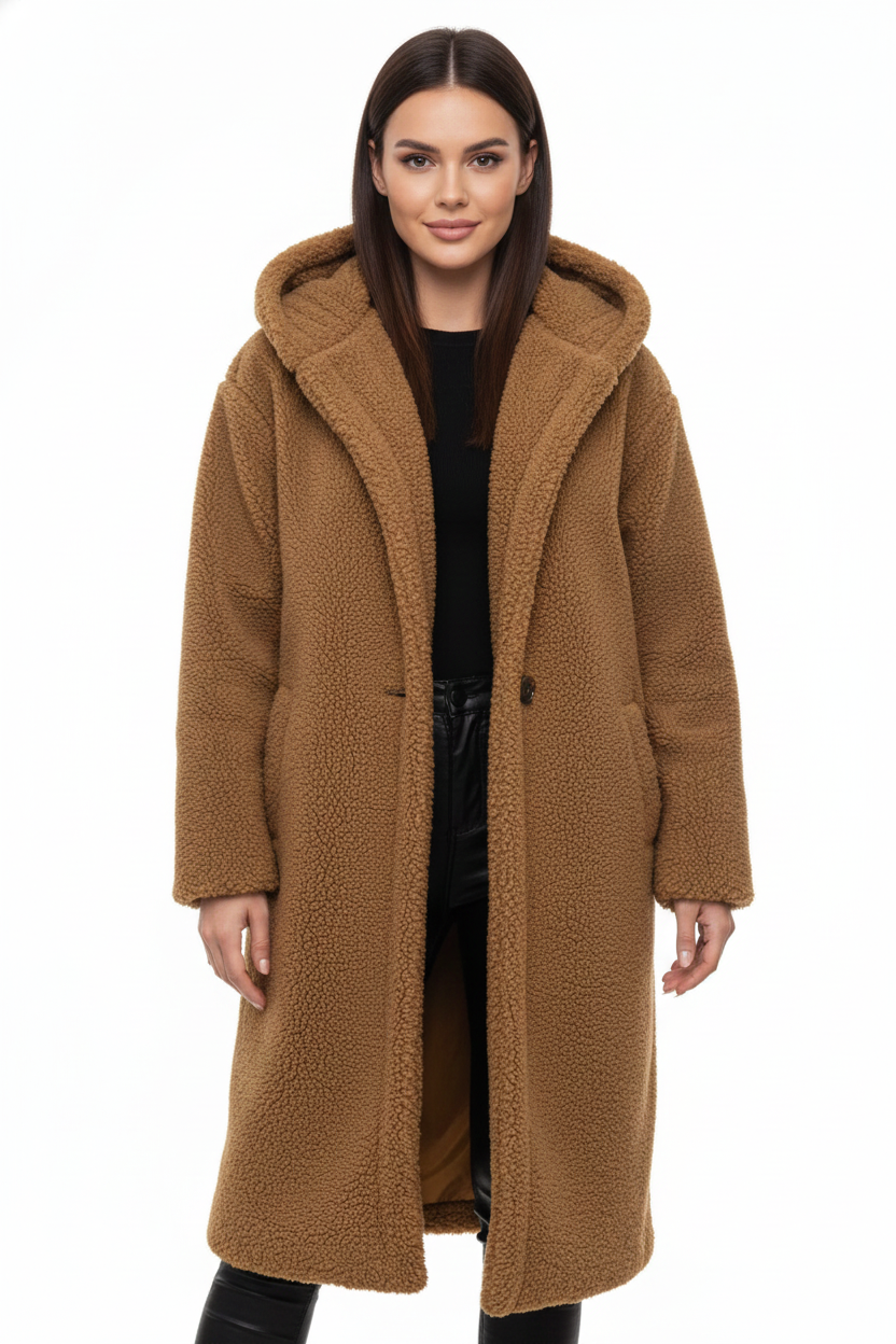 Teddy Coat Womens Hooded Longline Oversized Borg Fleece Single Button Winter