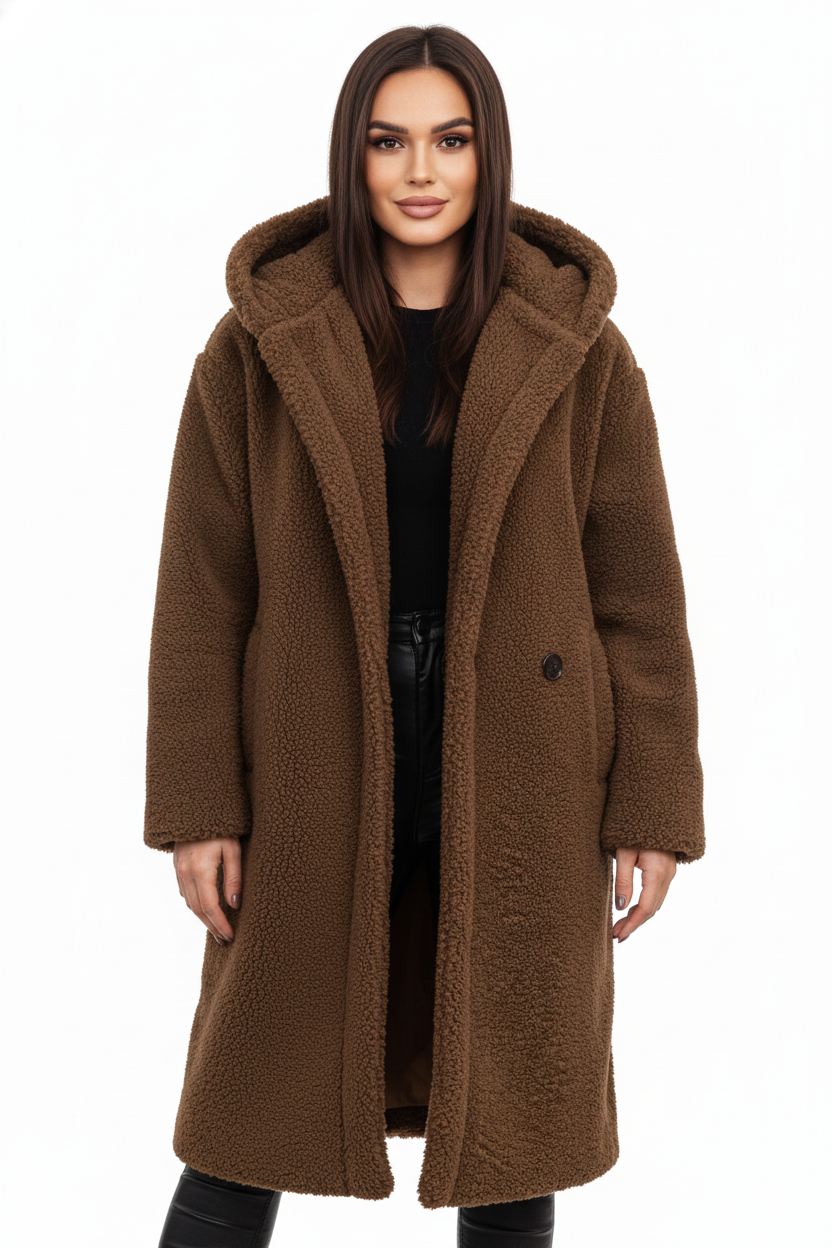 Teddy Coat Womens Hooded Longline Oversized Borg Fleece Single Button Winter