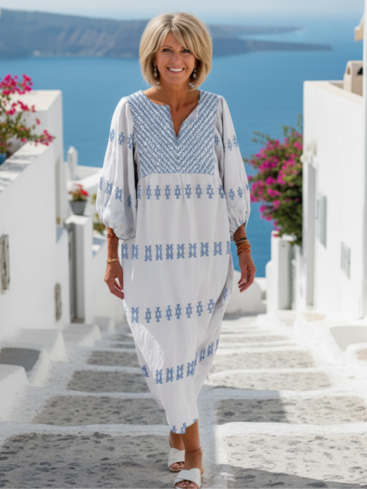 Evadne | V Neck Long Sleeve Embroidered Maxi Dress