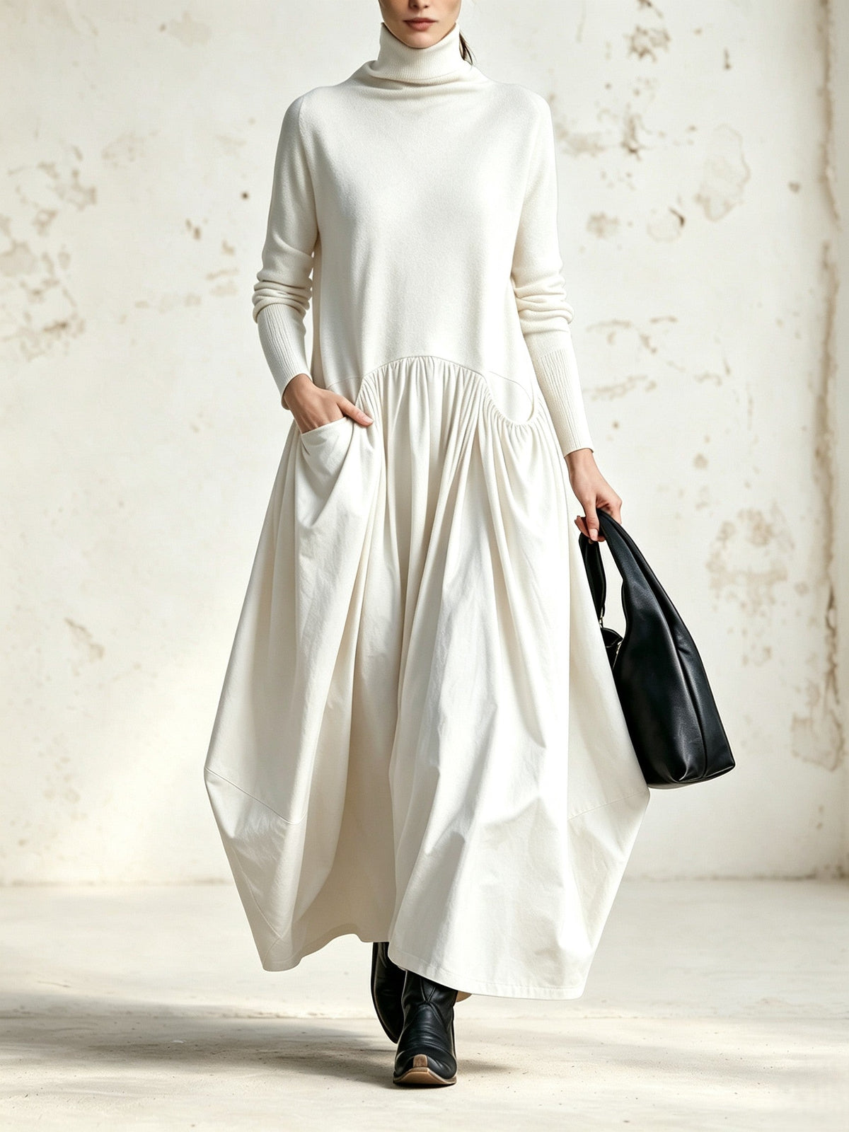 Jessamy | Roll-Neck Knit-Bodice Gathered Maxi Dress