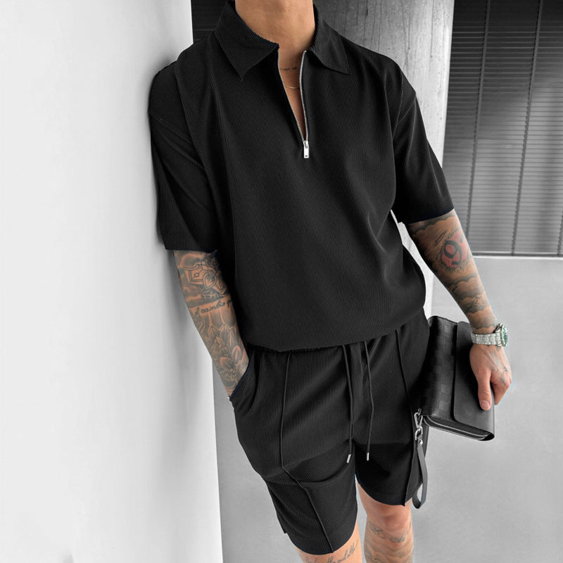 Zipper Polo and Casual Short Sleeve Men's Set