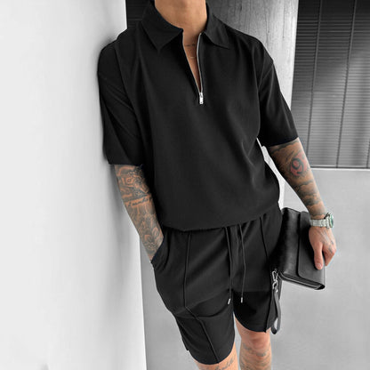 Zipper Polo and Casual Short Sleeve Men's Set