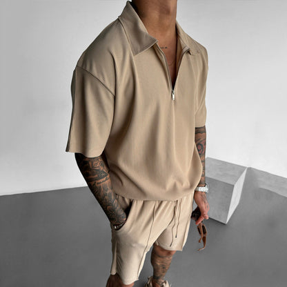 Zipper Polo and Casual Short Sleeve Men's Set