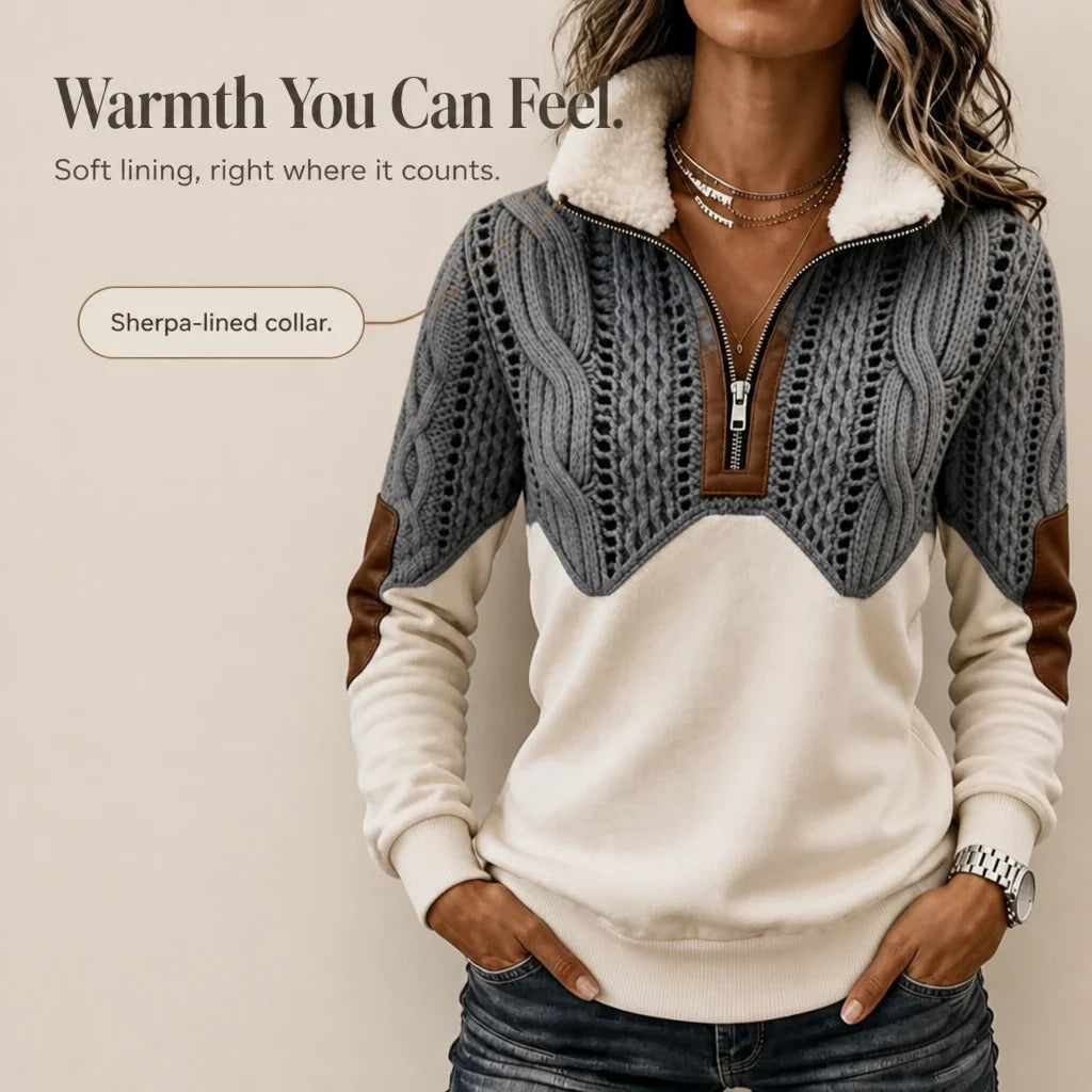 CozyCabled – Color-Block Faux Cable-Knit Quarter-Zip Pullover