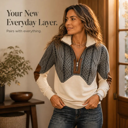 CozyCabled – Color-Block Faux Cable-Knit Quarter-Zip Pullover