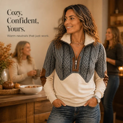 CozyCabled – Color-Block Faux Cable-Knit Quarter-Zip Pullover