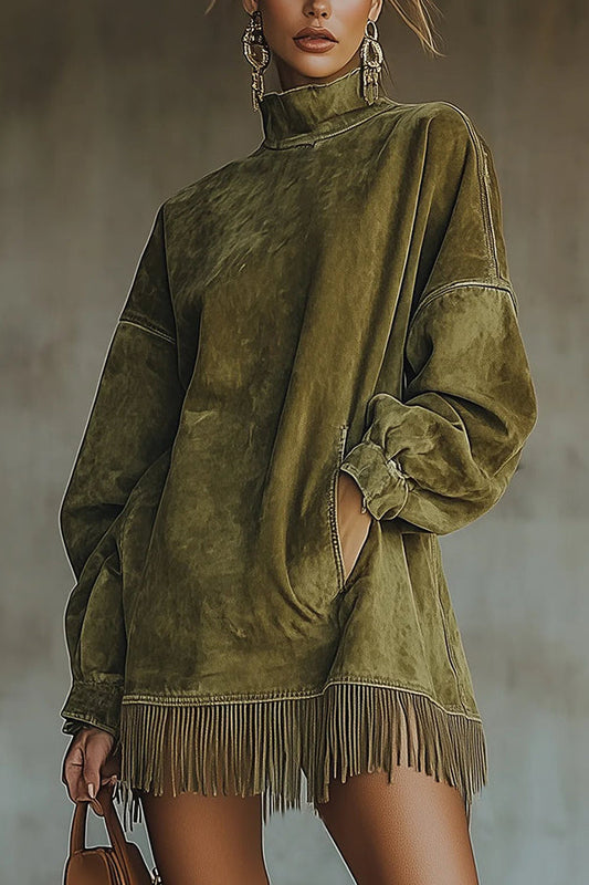 Stylish Suede High-neck Long-sleeved Loose-fitting Pockets Tassel Mini Dress (Shipped Within 24 Hours)