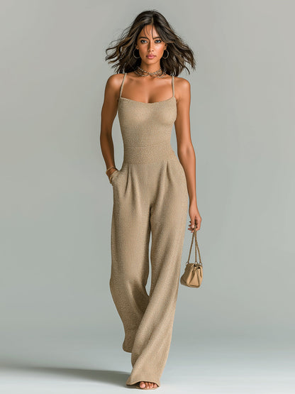ElevenOra Chic Casual Camel Strappy Sleeveless Tailored Waist Wide Leg Ribbed Knit Jumpsuit