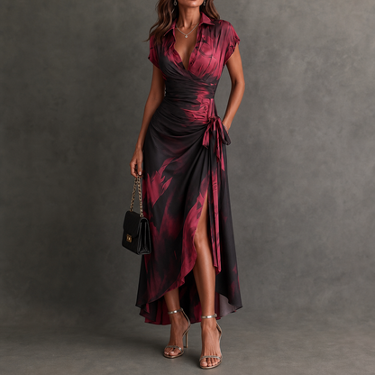 Vellora – Abstract Print Wrap Midi Dress