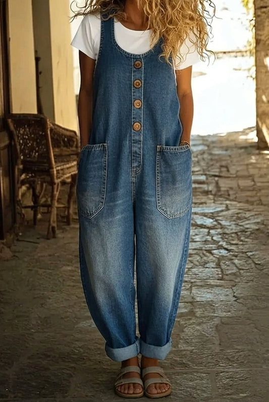 Saylor - Vintage Soft Cotton Denim-Look Overalls with Adjustable straps