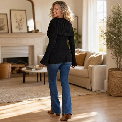 Cowlora – Draped Cowl-Neck Ribbed Button Sweater